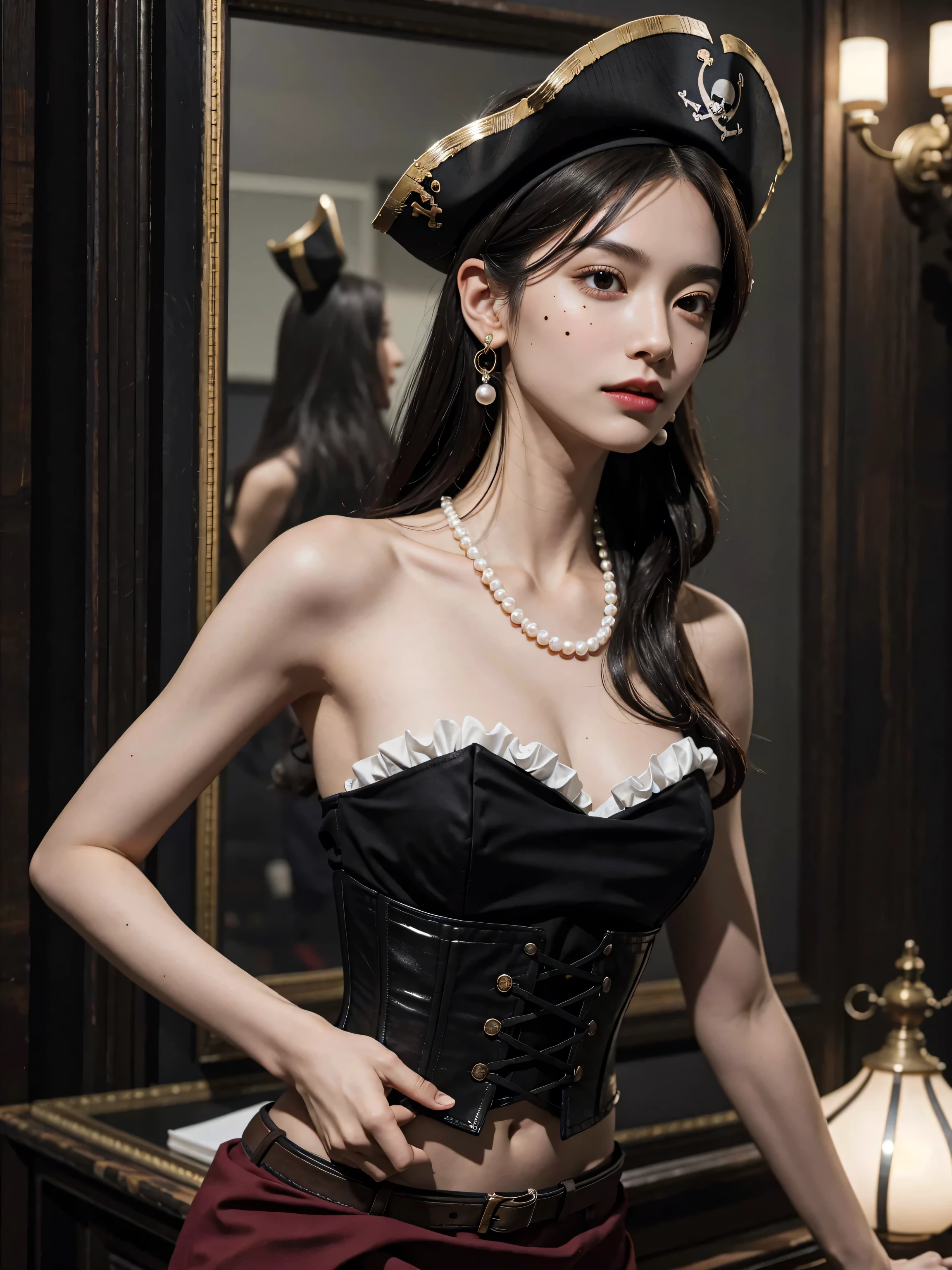 hyper realistic lifelike texture dramatic lighting unrealengine trending on artstation,award-winning images,Nikon RAW images,8 g,Fujifilm XT3,Masterpiece, best quality, realistic, photorealistic,Very detailed,ใบหน้าที่มีรายVery detailed,
alone,1 girl,
Wear a corset in a luxurious palace,
Irene 1, ,