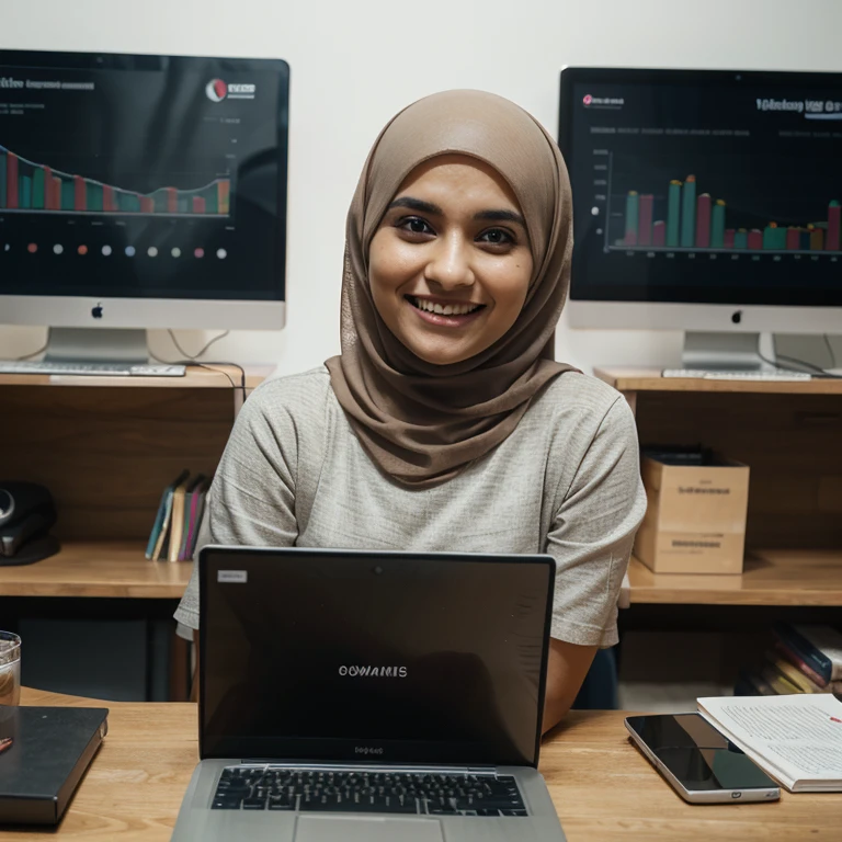 1 malay female in mid 20s, flawless skin, wearing white floral patern hijab, sitting in office in front laptop and an extra 27 inch monitor screen, wearing a white shirt with long sleeve, wearing long black skirt , 8k, cinematic photo, (at NSFW:1.2), flustered face, open mouth showing teeth and tongue, seducing pose, open mouth laughing, upper body potrait shot, close up, a small sized breast, barely noticeable breast, slightly brown skin, average looking face.