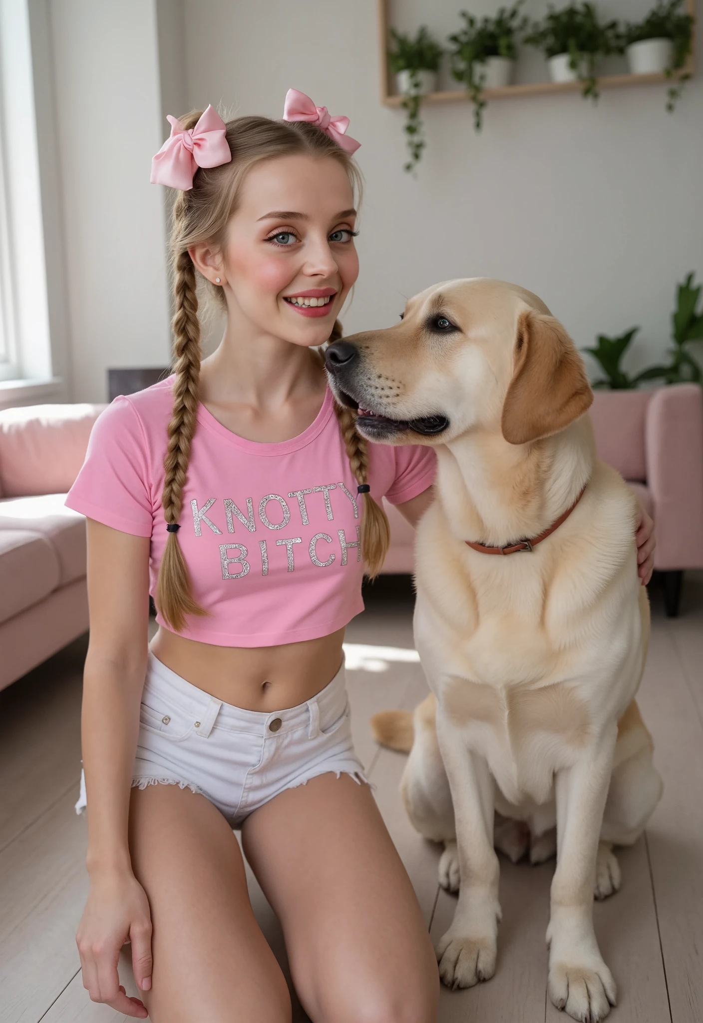 A cheerful 18-year-old blonde girl with shoulder-length braids adorned with pink satin bows smiles playfully, wearing a fitted pink crop top boldly displaying "KNOTTY BITCH" in glitter letters and frayed white denim shorts, kneeling beside an affectionate golden Labrador whose alert ears reach her eye level, surrounded by sunlit modern interiors featuring blush-toned furniture and hanging potted plants under soft diffused lighting that highlights their joyful connection.
