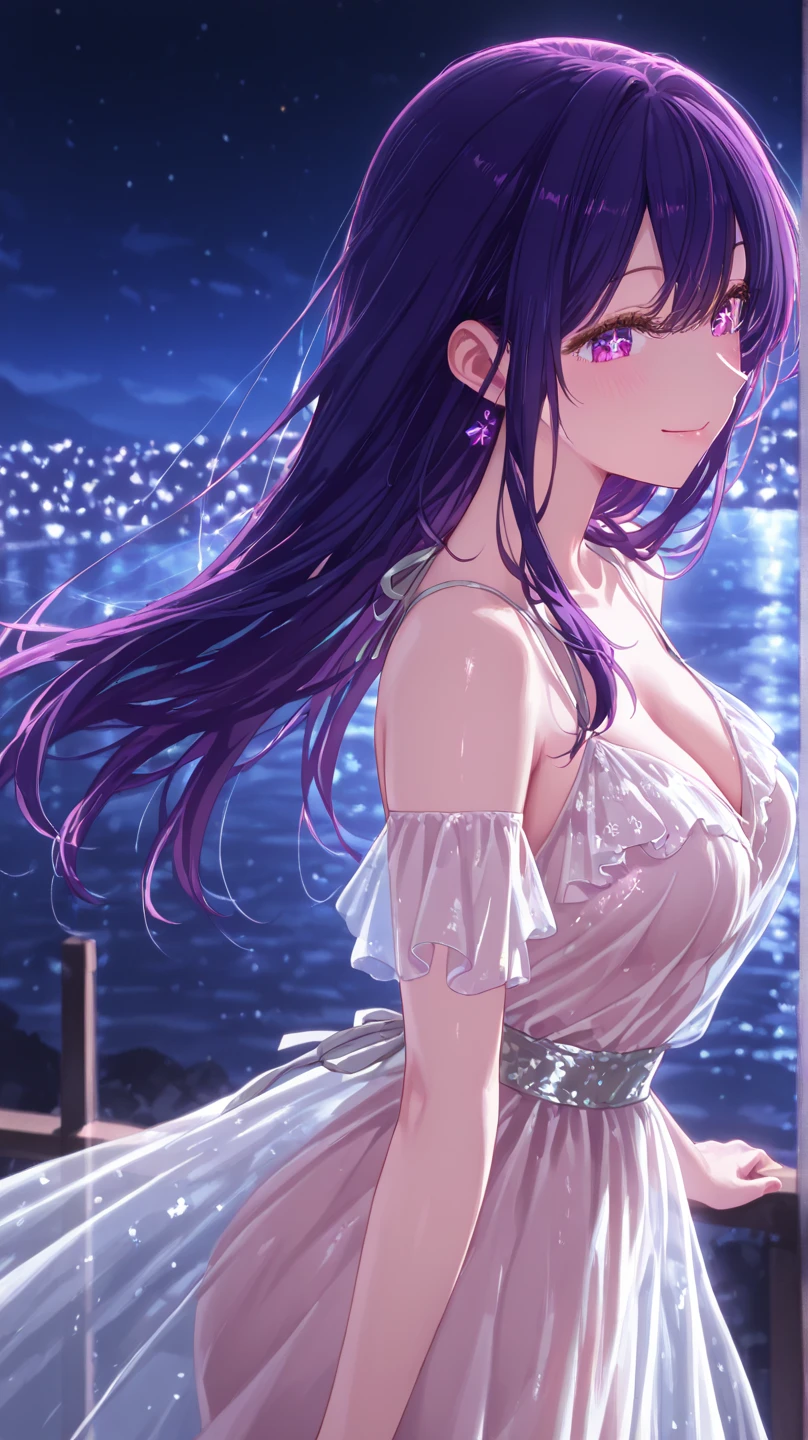 (Highest quality: 0.8), (Highest quality: 0.8), Perfect anime illustration, Close up portrait of beautiful woman walking in city。Very long purple hair、Large Breasts、赤面したRed eyes。 (((Browsing Caution))) Transparent white dress、Sheer white panties、Neon night city、Ultra-detailed、Ultra-detailed顔、Bright Eyes、Galaxy in the eye、Absurdな4kフルHD、pixiv Top、Very well done、Red eyes、Download file、Huge areola、erection (Love Juice 1;4) Absurd