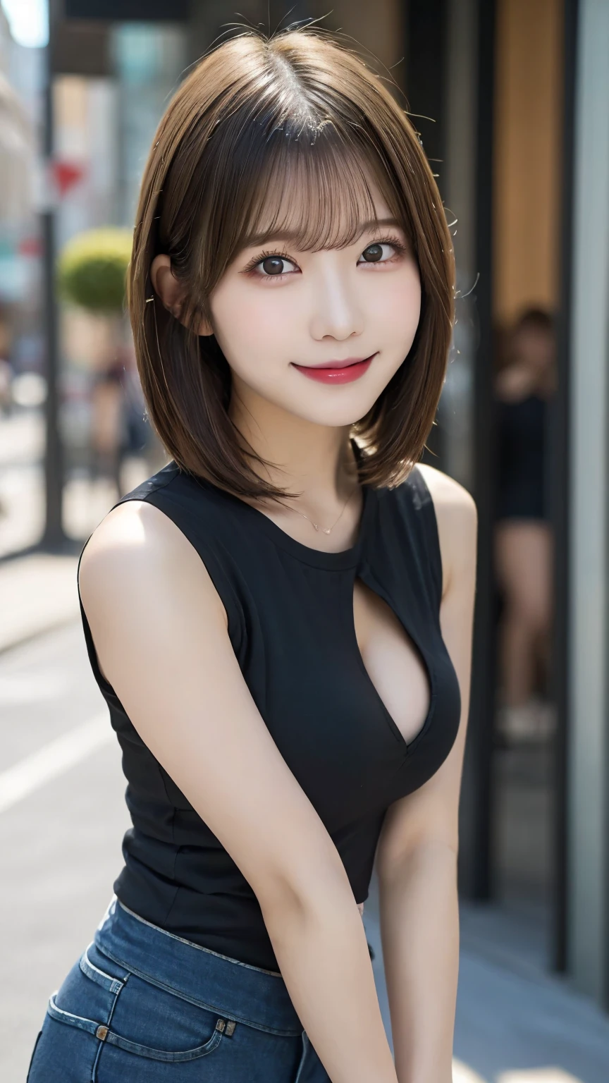 ((One ultimate beauty)), mature, Beautiful Face, Detailed lips, Beautiful eyes in every detail, double eyelid, Long eyelashes、Grin, ((Beautiful teeth alignment)), Captivating Gaze、Captivating smile, Very short brunette bob、eyelash、Elegant eyeshadow、Seductive makeup、Seductive gestures、Captivating look、((Elegant red and black dress with intricate details))、(Large Breasts), high quality、High resolution、(Written boundary depth)、(chromatic aberration)、necklace、耳Nipple Ring、bracelet、RAW Photos、Realistic、(masterpiece)、Realistic、Masseter region, 最high quality,Hyper Detail,(Detailed eyes and face) charm:Natural Makeup,View your audience, alone, ((Cowboy Shot))