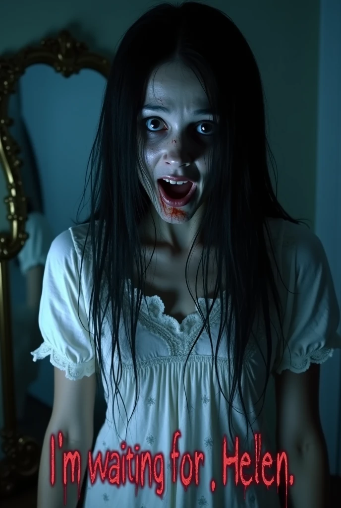 horror realistic photo, masterpiece, detailed face, amateur old horror film scene style, full body, white dead ghost girl completely naked with big boobs and very bloody body standing in a bloody hospital scenario staring at the camera, black hair, full black ghost dead eyes, ghost eyes, dead white skin, naked, perfect bloody boobs, unsettling scenario, unsettling and scary camera angle, horror night color style, night camera style colors, dark lighting