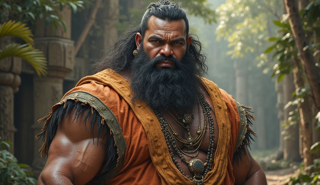 A king,but bulky body,dark skinned, south indian goon,massy hair, medium to long beard,muscular ,1203 AD,west bengal,india,age 33