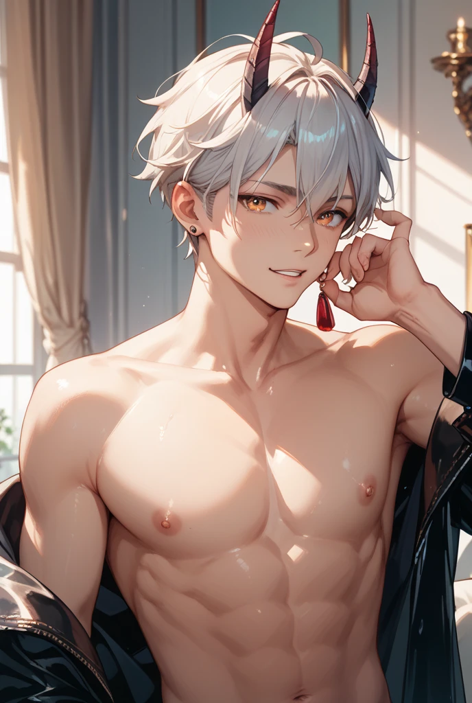 masterpiece、highest quality、High resolution、Very detailed、Anime Boys in a black bra and black panty posing for a picture、seductive Anime Boys、solo、Short Hair、Silver Hair、Blue Eyes、Anime Moe Art Style、bra with an black、panty with an black、attractive Anime Boys、(Anime Boys)、bra with an gold lace trim、panty with an gold lace trim、Beautiful and attractive anime men、whole body、gapmoe yandere、A boy is standing、Cool gaze、indoor、Bedroom、window、at night、Best Anime 4K Wallpaper、bra and panty only、looking at viewer、Cowboy Shot、(male body:1.3)、