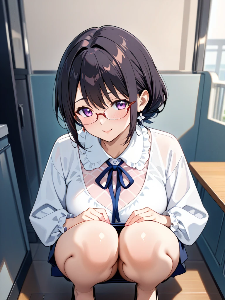 Cute naughty peasant girl, Pastel colors hair, medium breasts, Thighs, black hair, short hair, (low twintails), glasses, standard height, (anxious face:1,2、blush:1.2, quiet personality:1.2, shy), (naked), at the adventurer's guild, A bulletin board with posted paper, nfsw, sweat, (cum in vaginal:1.3), vaginal sex