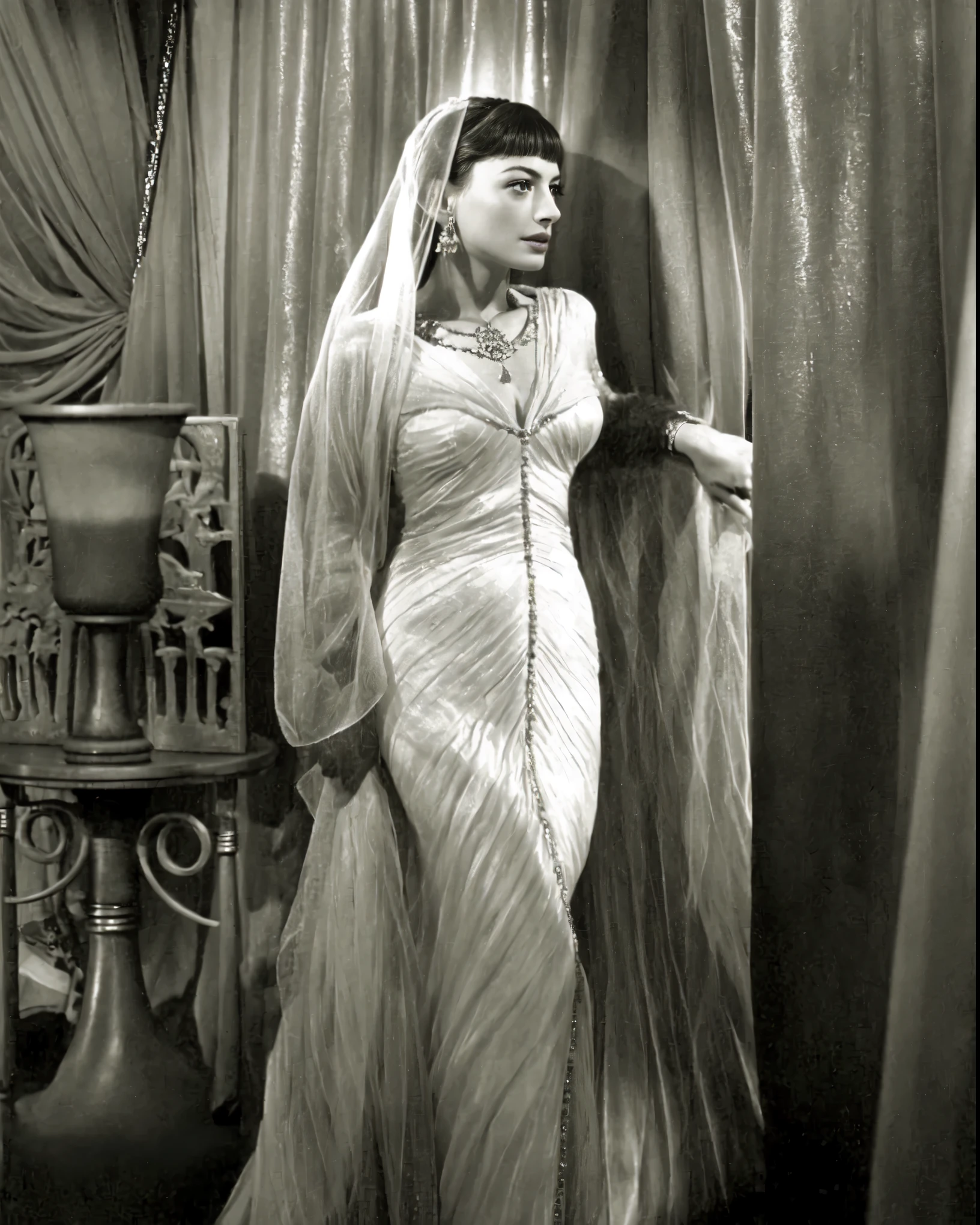 Actress Anne Hathaway, posing for a photo, wearing veil 