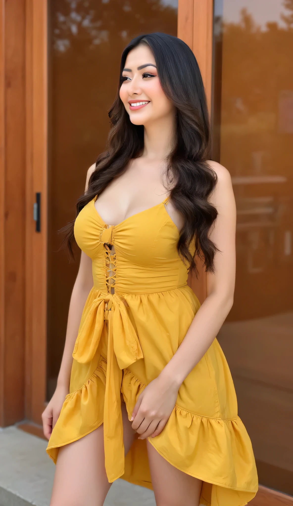 Realistic full body photo of a smiling, beautiful brunette woman with long hair, She dances in front of the camera in a yellow satin spaghetti strap blouse and tight, elegant black pleated skirt ...., fine fabrics, Park,glamour fotoshooting, Park, perfect anatomy, perfect brown eyes. Perfect hands with 5 fingers on each hand, Suitable woman, looking at the camera, 1 Frau. (Eye make up:1.1), (highly detailed skin:1.1), spirit, analog style, keen focus, 8K UHD, dslr, good quality, Fujifilm XT3, Grain, Award-winning, masterpiece. Park