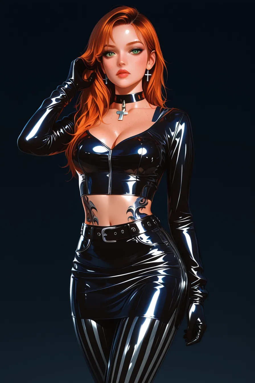 a wet and wild sexy femme fatal, woman in a black and white doted dress, wearing black and white doted dress, wearing 1960s fashion, french facial feature, detailed eyes, 1960s style clothing, 1960s cloth style, dystopian retro 1960s vibe, straight red hair, long red hair, gray eyes, black eye liner, red lips, small breasts, darkeye shadow, detailed hands, covered small hard , Spy look, Black and White latex, White latex body leg harness, latex thigh highs, white choker, up skirt, open legs, Dramatic Light, cinema lighting from the 1960s vintage_sci-fi, chadpo, red background