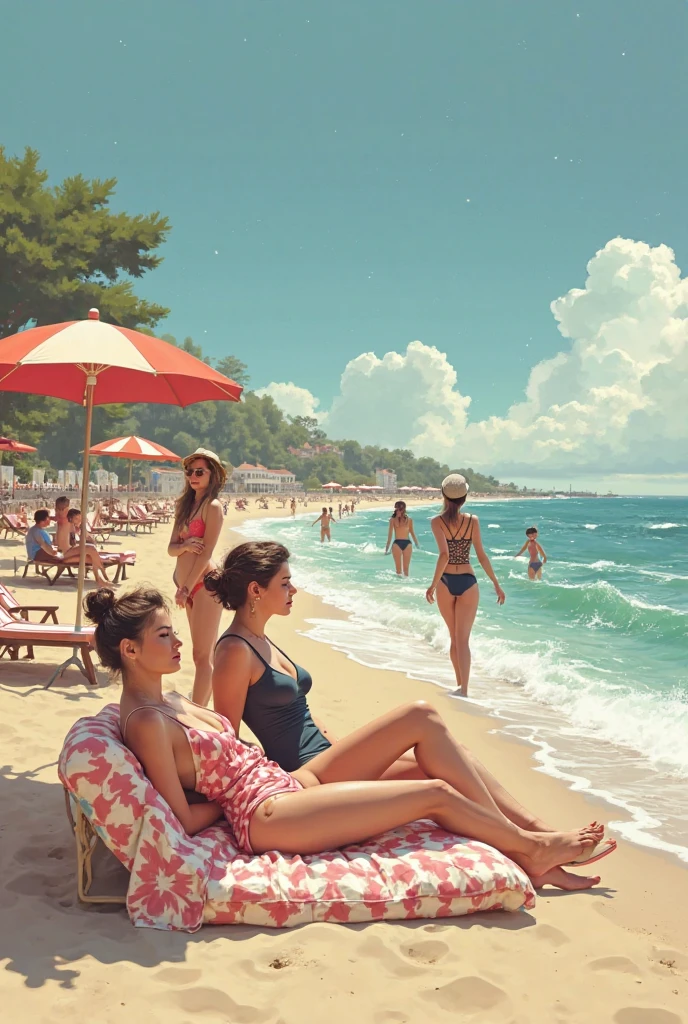 1960s French Riviera Seaside Picnic (Location: Nice): Envision a young woman in her twenties with sleek black hair, dressed in a striped swimsuit and wide-brimmed hat, enjoying a solitary picnic on the pebbled beaches of Nice. The scene includes a classic striped beach umbrella and a basket of French delicacies. Render the coastal idyll in Wes Anderson's vibrant and sunlit color palette, capturing the timeless charm of the French Riviera.