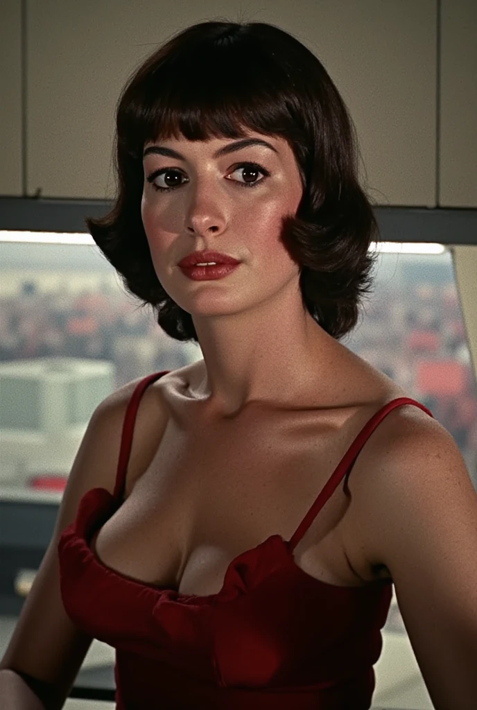 A full color portrait of a beautiful woman wearina a 1960s space age fashion, 2001: A Space Odyssey movie set,lipstick,epic character composition,by ilya kuvshinov, alessio albi, nina masic,sharp focus, subsurface scattering, f2, 35mm, film grain , latina <lora: Satinblo:1>