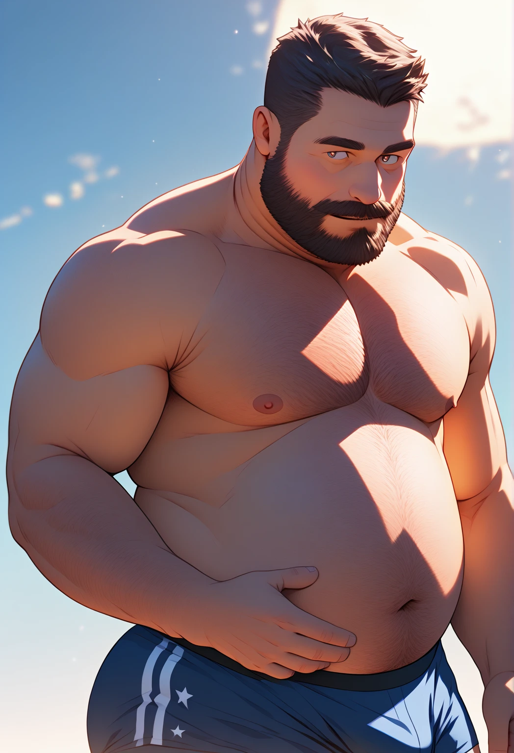 40 years old white Male, tall, giant body, handsome, dad bod, beefy, strong arms and legs, wide shoulders, a bit chubby muscle gut, a bit of fat but still very muscular, extremely hairy, (a lot of body hair), short beard, white untie robe, (huge oversized cock), (oversized, enormous, heavy and hairy fat balls), barefoot, cloudy space, heavenly environment
