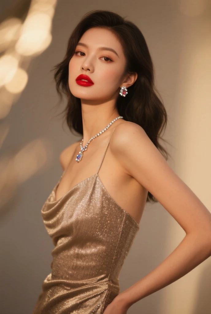 (masterpiece:1.2), Very detailed, Ultra-high resolution, (Realistic, photo Realistic:1.6), High-resolution RAW color photos, Professional photos, Sharp focus:1.2, (Very detailed顔と肌の質感, Very beautiful eyes, Glossのある肌, Glowing Skin, Glowing Skin, Shining Face, Gloss, Oily skin, greasy face, Oily skin, greasy face,), (real Glossのある肌 texture), Perfect Anatomy, Very detailed背景,(Ultra-luxury hotel),1 female,short hair, Straight hair, bangs, Brown Hair,((Flat Chest:1.55)),Slender legs, (((Gorgeous wine red luxury silk mini party dress))),(((Take off your clothes、Upper body naked:1.4))),((Wet))、To seduce sexually、Luxury earrings、Luxury Necklace