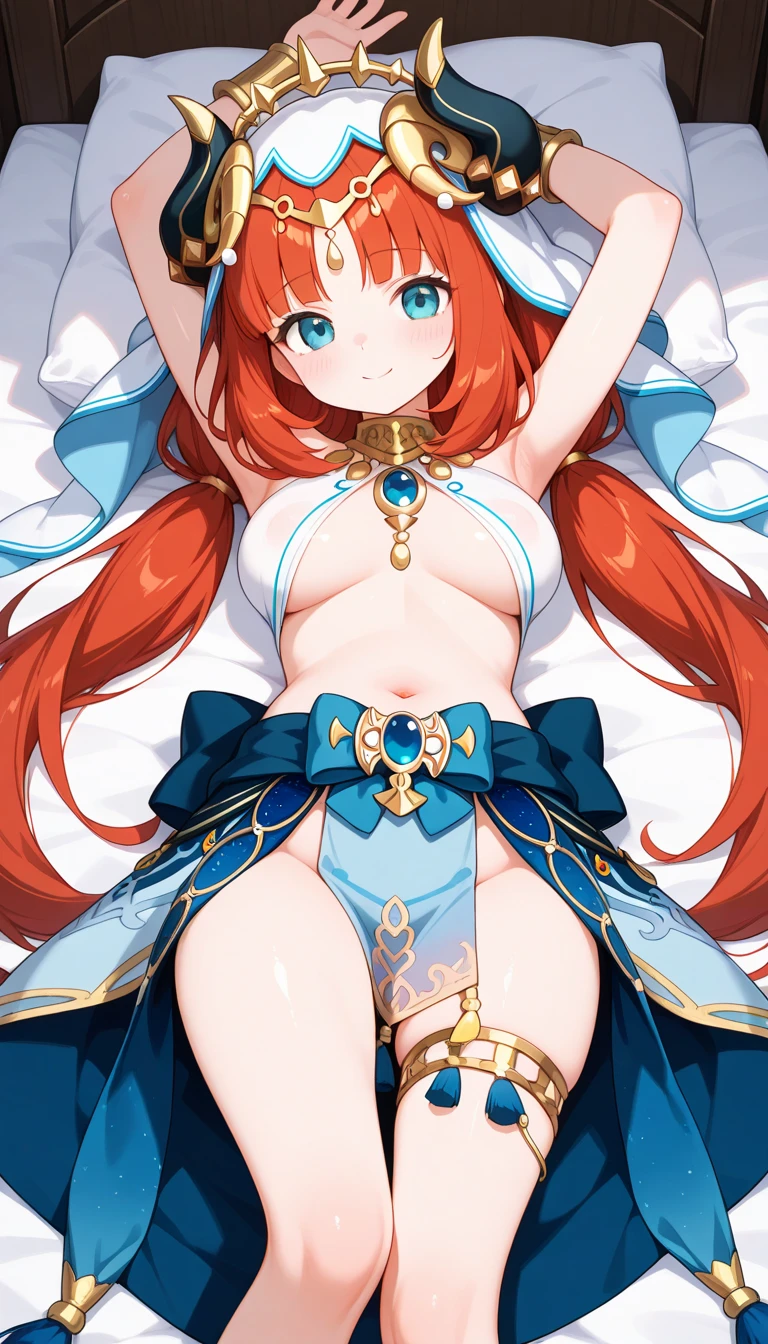 genshin_impact nilou_(breeze_of_sabaa)_(genshin_impact) nilou_(genshin_impact) absurdres commentary_request highres 1girl armpits arms_up barefoot blue_eyes bound bound_wrists breasts cleft_of_venus closed_mouth double_bun hair_bun kneeling long_hair looking_at_viewer medium_breasts navel nipples partially_visible_vulva pubic_tattoo pussy pussy_juice red_hair rope simple_background smile solo stomach tattoo thighs very_long_hair white_background