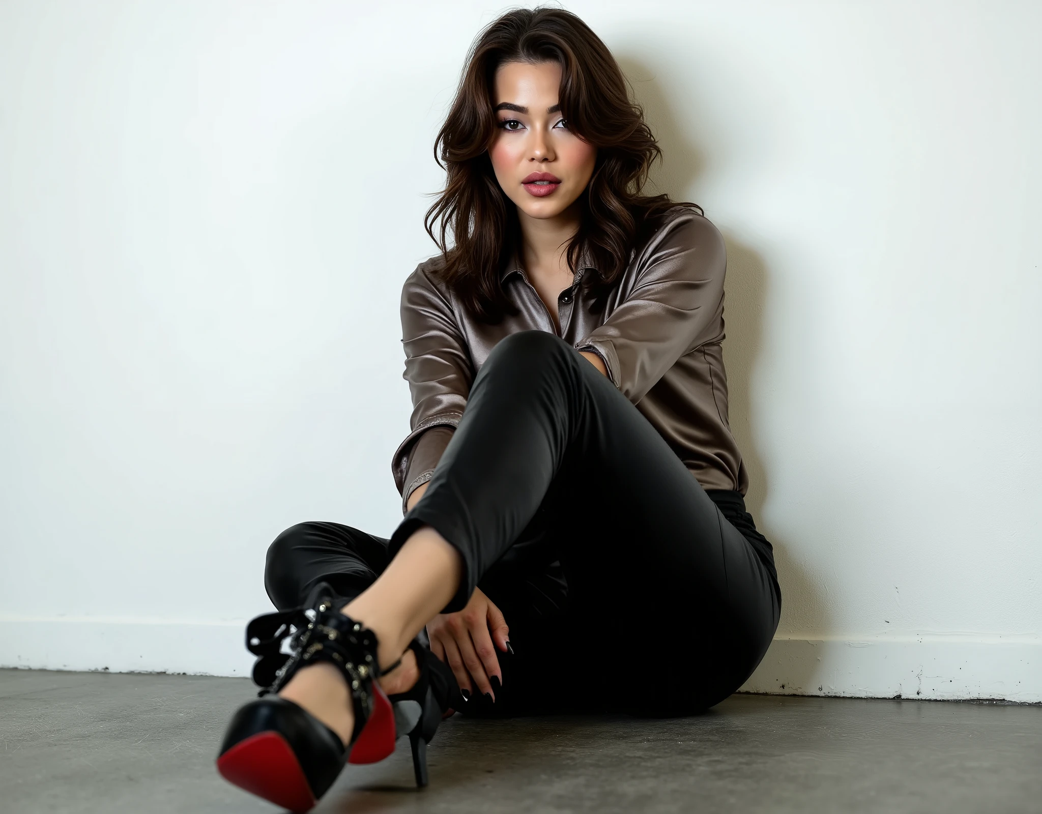 arafed woman with a sexy shiny purple satin button down shirt, light subtle makeup, black leather pants, seductive, white studio background, She is seated on the floor against a plain white wall, with her legs bent and her feet extended towards the camera. She is wearing Louboutin high heels. Her facial expression is neutral, with a slight tilt of her head and a direct gaze into the camera, creating a sense of introspection. The background is minimalist, consisting only of the plain white wall, which draws focus to her and her attire. The lighting is soft, casting subtle shadows that enhance the texture of her clothing and the ruggedness of her high heels. The image has a gritty, urban aesthetic, emphasizing the juxtaposition of her stylish yet edgy attire with the stark simplicit,