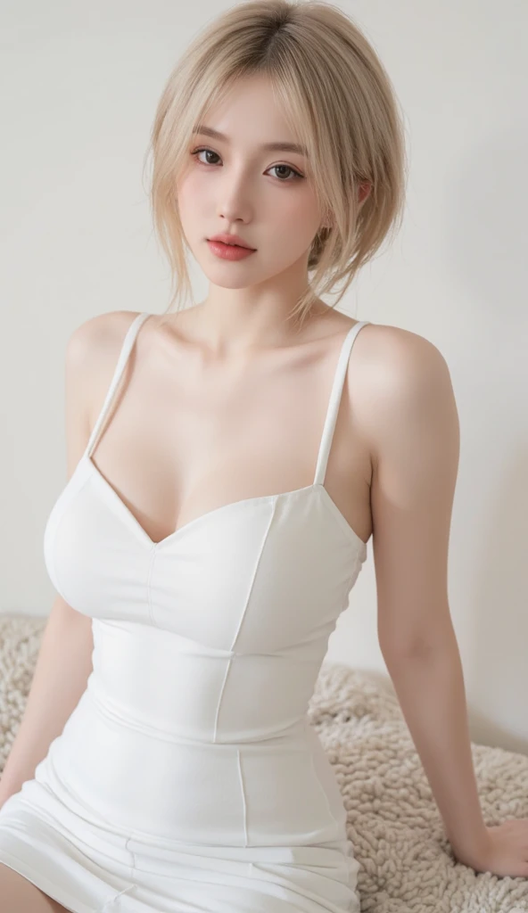 ((best qualtiy, 8k, tmasterpiece:1.3)), perfect figure beautiful woman:1.4, Protruding cleavage:1.5, ((Cut hair in layers, Beautiful breasts:1.2)), (wetclothes:1.1) , (Rain, Street:1.3), Bandeau Dress:1.1, Highly detailed facial and skin texture, A detailed eye, 二重まぶた,Whiten skin,long whitr hair