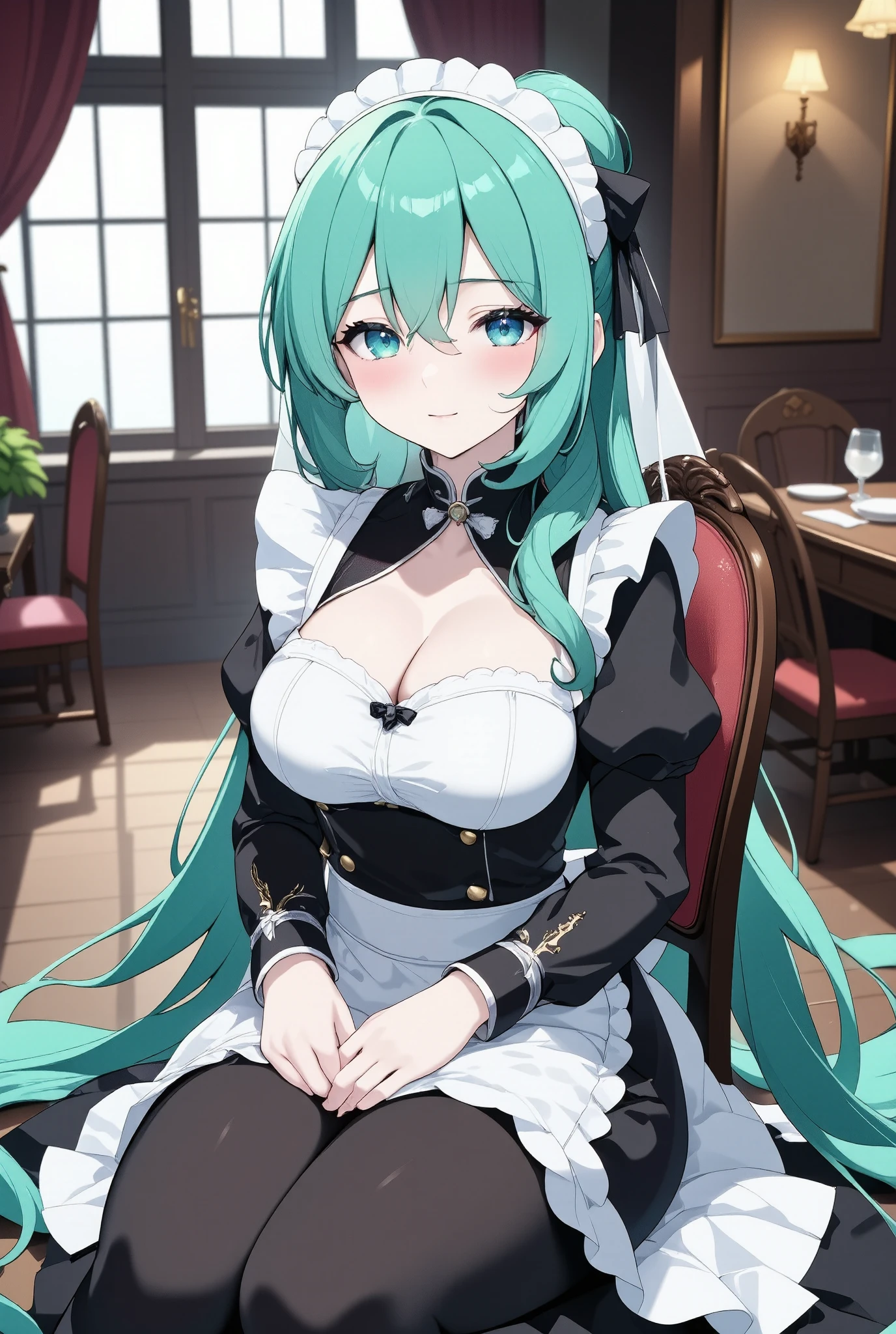 ((Masterpiece, Best Picture Quality, High Quality, Super High Quality, Depth of Field, 4K, 8K High Quality))score_9, score_8_up, score_7_up, rating around the breast_safe, masterpiece,Highest Quality,anime,(2D:1.2), detailed hands,indoor, , 1 girl, maid, 黒いチューブトップのmaid服, solo, black long skirt, maid, Beautiful Azure Eyes , Off Your Sleeves, stare at the viewer,ribbon, long bangs, bow, Green Hair , The tip of the hair, A well-groomed chignon,red ribbon, Black sleeves, window, apron, white bow, frills,ribbon , color, ankle strap sandals with yellow hair tips), (tired, dark circles under eyes, big eyes, sagitales), beautiful skin,oily skin,about,improve,makeup, fine skin, blond hair, Beautiful Detailed Faces, older sister, Big Breasts, bigger breasts with more definition, big butt, Big buttocks ( pissing in the cup on the floor:1.4), Completed, perfect hand in h, hand fixer, indoor, sexy cleavage , sitting on a small wooden chair, sits cross-legged, Red Eye Shadow, red lips, Puffy lips, Smoking, Put alcohol on the desk, slightly blushing, Highlight your chest, bulging nipples, beautiful side, bare shoulder,
