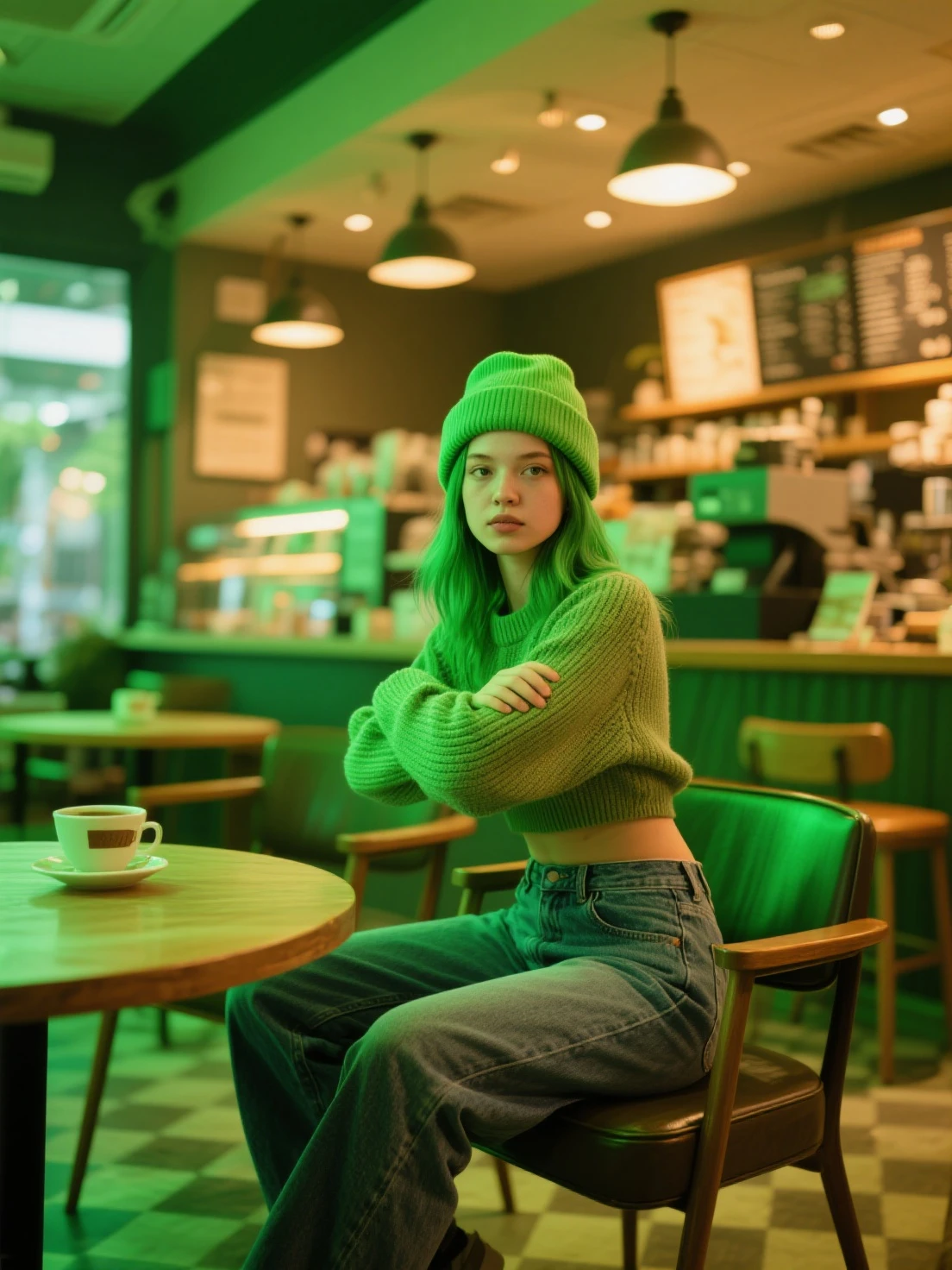 1girl(green hair, beanie, sweater, jeans, medium breasts, big nipples), solo, Coffee shop, sitting on chair, dynamic pose, indoors,