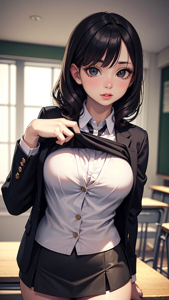 (best quality,4k,8k,highres,masterpiece:1.2),ultra-detailed,(realistic,photorealistic,photo-realistic:1.37),portraits,schoolgirl outfit,blue high cut coat,blue mini skirt,white shirt,perky breasts,beautiful detailed eyes,beautiful detailed lips,shy girl,blushing,thick thighs,bent over desk,classroom lighting,realistic lighting