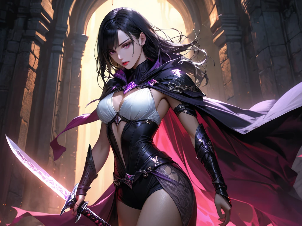 (Senjumaru Shutara:1.2), long hair, blunt bangs, black hair, (sidelocks), (black eyes:1.1), (dark makeup:1.2), (red lipstick:1.1), (detailed face and eyes:1.2), anatomically correct, (heavy breathing:1.2), (anime woman kneeling down with a sword in her back:1.2), (sword sheath:1.1), sheathed, (cute skirt:1.1), (thigh strap:1.1), (long heels), (shoulder jacket), (piercing:1.2), outdoors, dim light, (glow effects), (godrays:1.1), 4k ultra detailed, sharp focus, big depth of field, masterpiece, hyperrealistic, vivid colors, extremely detailed CG, dramatic, (hollow eyes), (gloowing eyes), (wet dripping:1.2), (detailed hand and finger:1.2), (medium breasts:1.2), (busty), (deep cleavage:1.2).