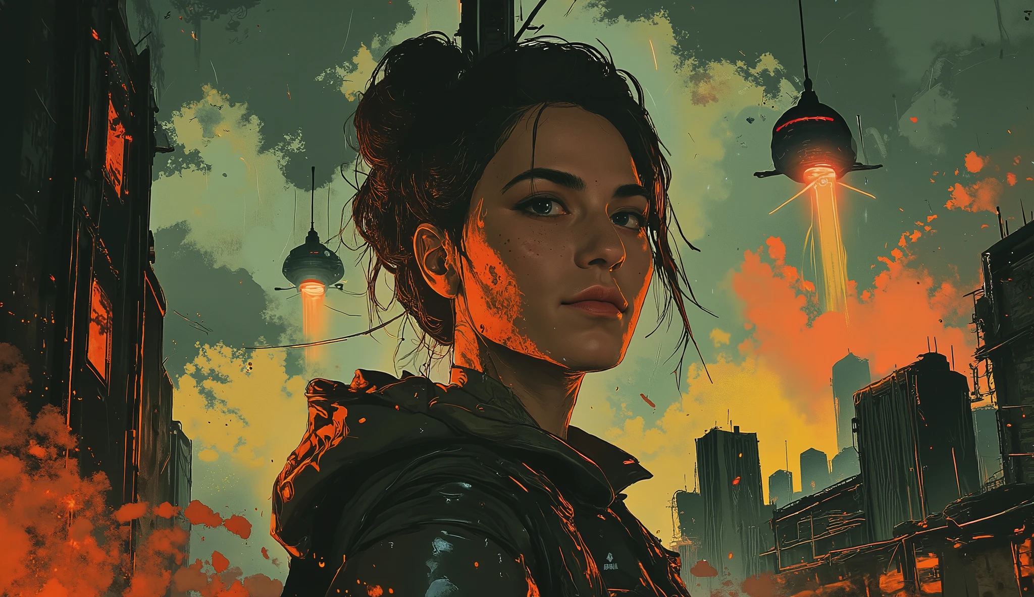 candid full-body shot of a woman in high-tech armor standing in a sci-fi environment,8K,high resolution,detailed,photorealistic,physically-based rendering,studio lighting,woman,heroic pose,stoic expression,tactical gear,metallic armor,sleek helmet,glowing energy cells,advanced weapon,futuristic city skyline,neon lights,hover cars,cloudy atmosphere,dramatic lighting,cinematic composition