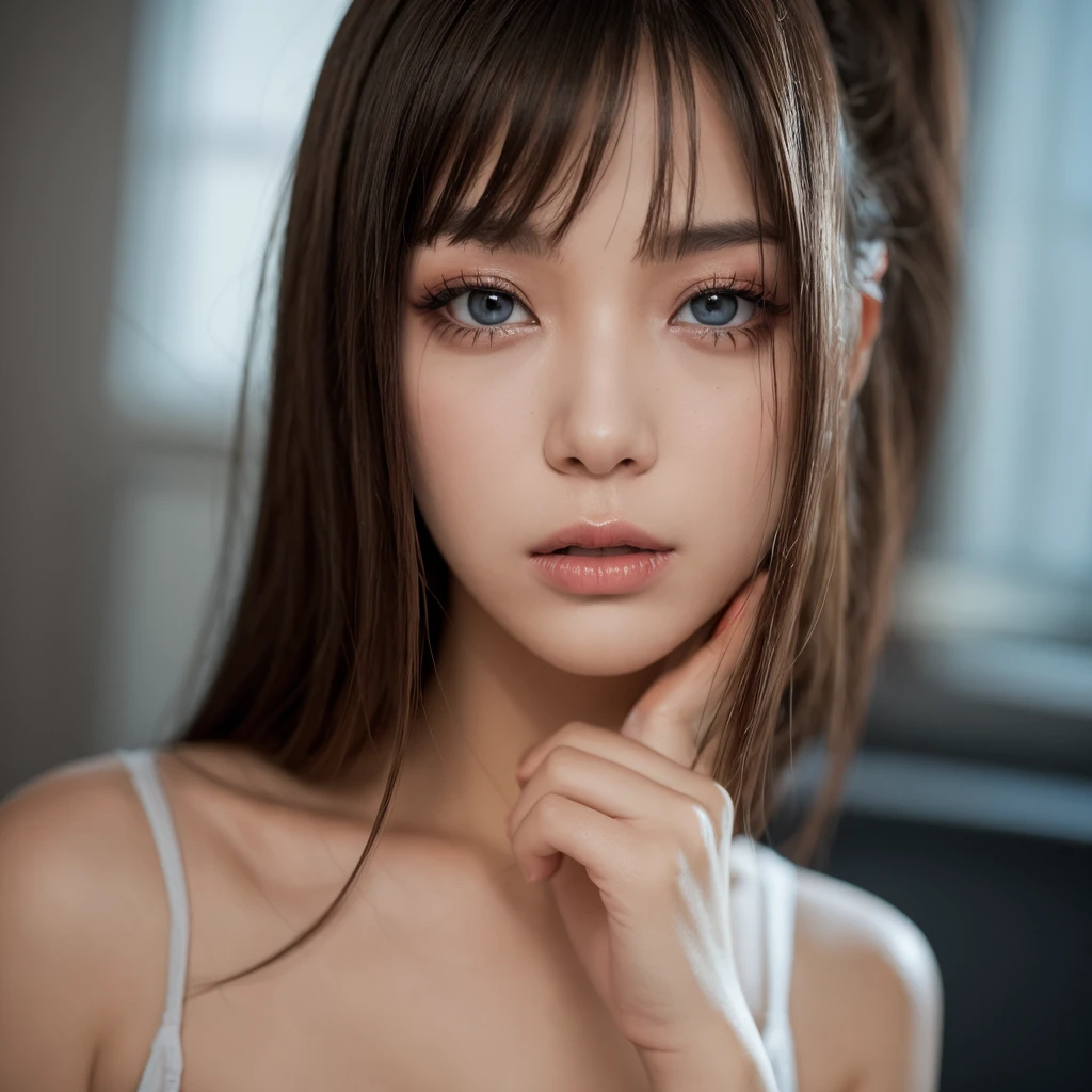 Create an image of a female model with exotic and attractive features. She must have a unique look that combines multicultural traits, a magnetic gaze and a confident expression. Your beauty must be irresistible, with a charismatic presence that stands out. The image should capture your innovative style and vibrant personality, ideal for engaging on platforms like Instagram. The lighting should highlight your features and the background should be modern and stylish.
