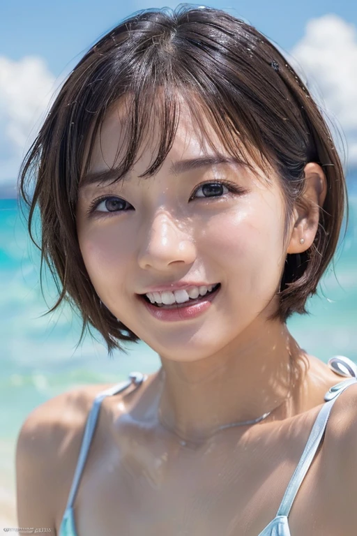 Top quality, masterpiece, super high resolution, (Photorealistic: 1.7), raw photo, only daughter, shade of tree, coast, swimsuit, frills, darkness, deep shadow, low key, cold light, sexy expression, short hair, front teeth, smile
