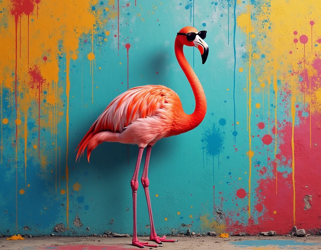 Vector Art, Colorful illustration with flamingo, In the center, Vibrant colors，Graffiti Art，Ink splatter，Wild and uninhibited，Colorful，visual impact,Modern aesthetics super details, Intricate details:1.3
