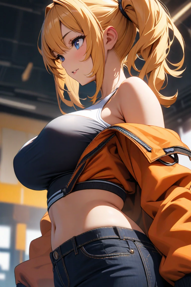 (masterpiece, best quality), Misty from "pokemon", full-body shot , 1girl, indoors, big breast, H-cup, good breast, beautiful, gorgeous ,large breast, cleveage, expressive eyes, perfect face, hands on breasts, hands pushing breasts together, masturbation from below, Grab your own breasts, Misty_pokemon, orange hair, side ponytail, yellow crop-top, shorts, sitting on floor, underboob,