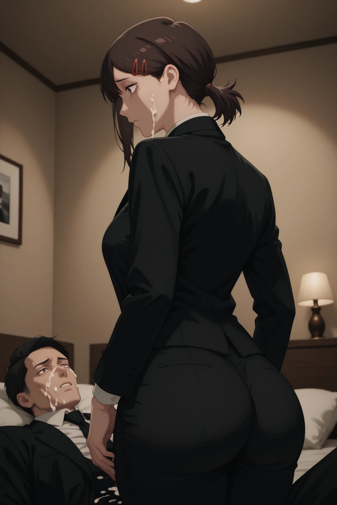 The man in his 45s with black very short hair and smooth face with moustache. The woman in her 45s with brown wavy long hair. The man is wearing an unbottoned white shirt and black suit. The woman is wearing a green dress. In the bar bathroom that is dark color. The woman is leaning at the counter. Doggy sex. The woman is moaning. Orgasm. Passion. Erotic. Night. Dim environment. Realistic. Ultra realistic.