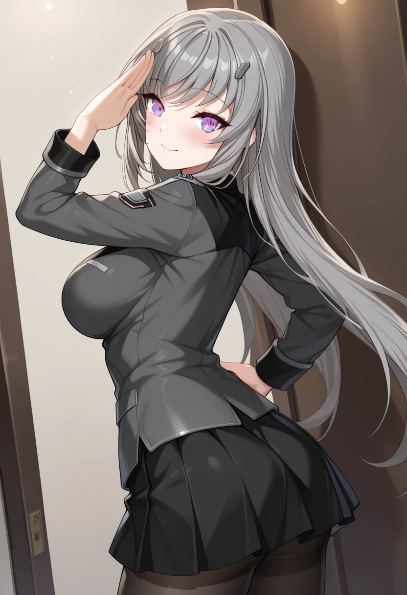 No panties, No clothes, Woman with open legs, White hair, a purple eye,is shy,exposing her chest
