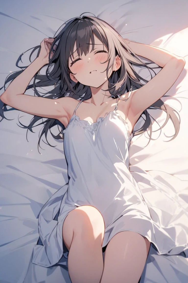 最高品質, 傑作, 1女の子, 脇の下, へき開, 離れた胸, 魅惑的な笑顔, (赤面:1.1)、nsfw、(寝そべって陰部を見せる:1.1)、リアルな陰部、陰毛、(大量の白い液体が身体にかけられている:1.1)、全身、指でオナニー、目をを開けて、喘いでいる、(((前屈み:1.1)))、小さな胸、幼い少女