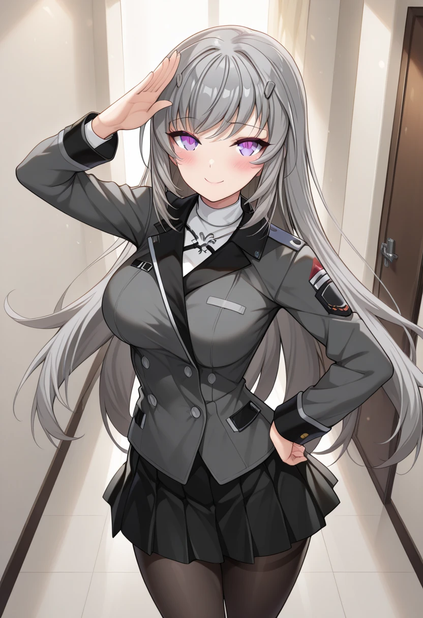 1girl, gray_eyes, white_hair, bangs, blush, breasts, eyebrows_visible_through_hair, gloves, hair_between_eyes, jacket, large_breasts, long_hair, looking_at_viewer, military, military_uniform, dress, shirt, silver_hair, simple_background, skirt, smile, solo, uniform, very_long_hair, white_background, white_gloves <lora:style_shirabiiT0:1.0>