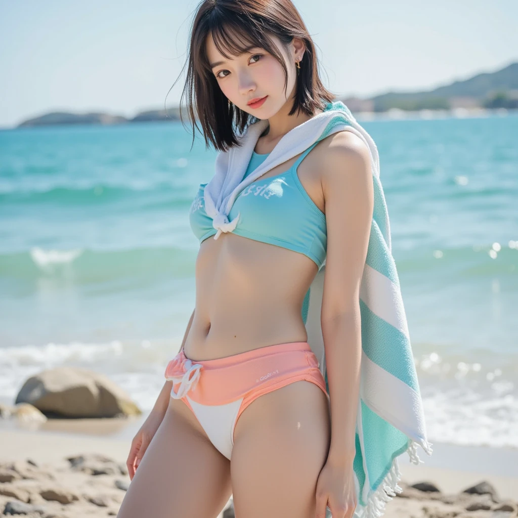 Japanese woman, 30 years old, beautiful 3D anime surfer in bikini, waiting for waves in the sea, steamy pheromone, round buttocks are attractive and sensual