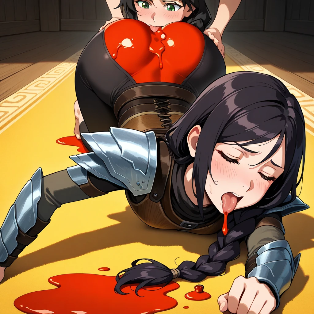 ((Highest quality)), ((masterpiece)), (detailed), Perfect Face Super Heroine Looking this way Hero Suit Hero Mask On all fours Big Breasts Erect nipples Open your mouth wide Stick your tongue out Drooling dirty drool A large amount of feces in a bucket Sweating profusely Bad breath shame trembling