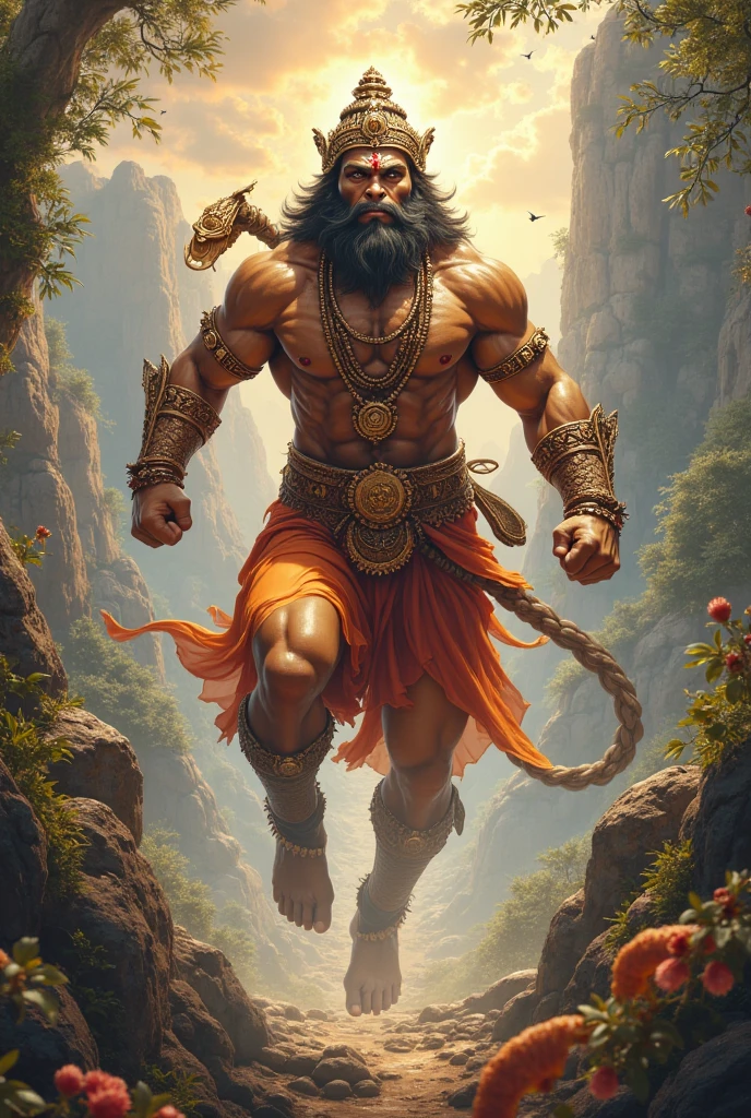 Bhagavan hanuman , human fit body, human and vanar face,vanar tail, flying sky, hanuman one hand foot mountain
