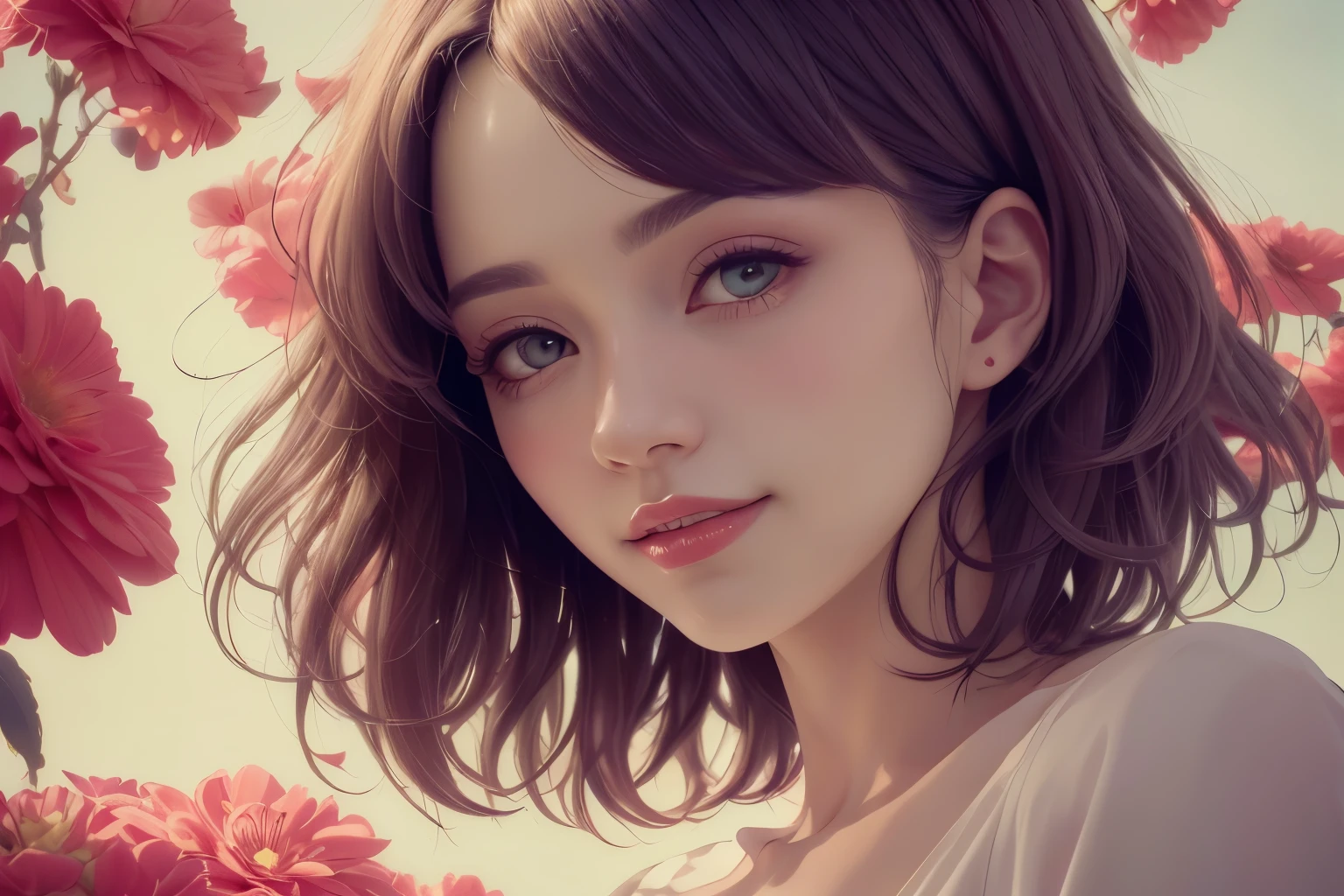 382 (20 year old woman),(short hair),(gentle smile),(high quality photos),( cinematic pictures playing on the lawn ),(colorful),(Gorgeous flowers),((contrast between light and shade))