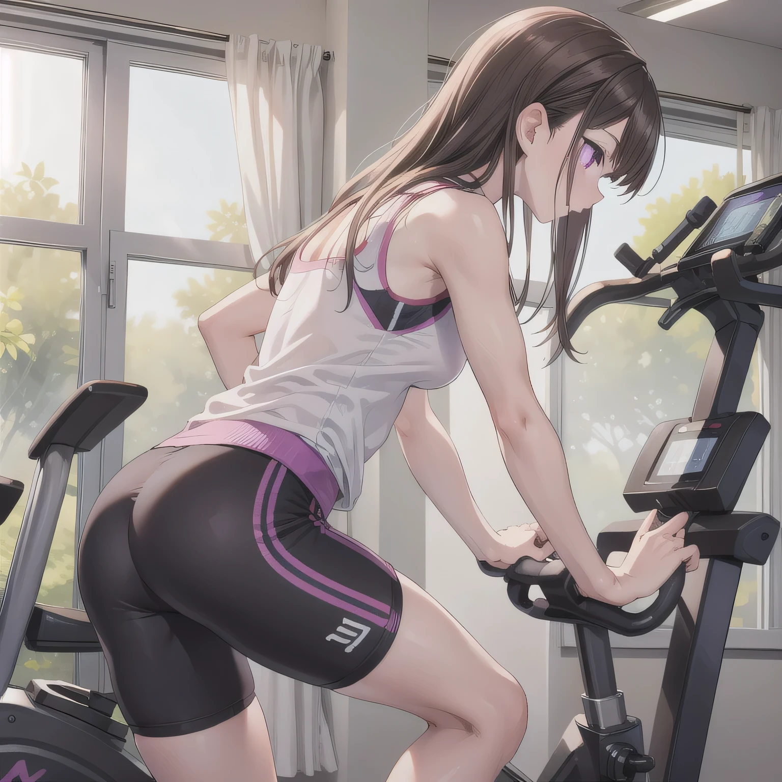 a 19 year old girl in the gym with long brown hair showing her big butt what she is wearing is sexy tight pink gym clothes (from back)
