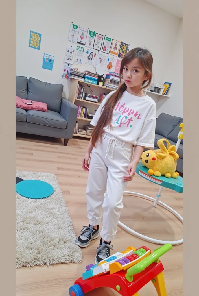 A 2-year-old Hispanic girl with slightly dark skin., Curly black hair split into two pigtails, double eyelids, clear pretty eyes, He is wearing a short-sleeved T-shirt and shorts and white sneakers, and is holding a teddy bear with his right hand..