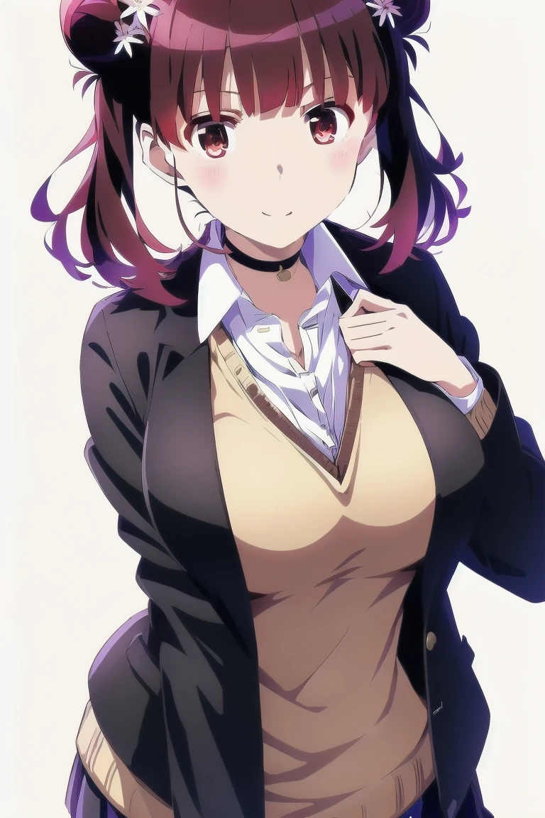 masterpiece, best quality, 1girl, solo, bending over, komi-san wa komyushou desu, ks , blue jacket, white shirt, ((large breasts)), ((fpcus on her ass)), see through panties, body of equal proportions, striped bowtie, red skirt, black pantyhose, ((2 hands)), looking at viewer, (classroom), blushing cheeks, cowboy shot