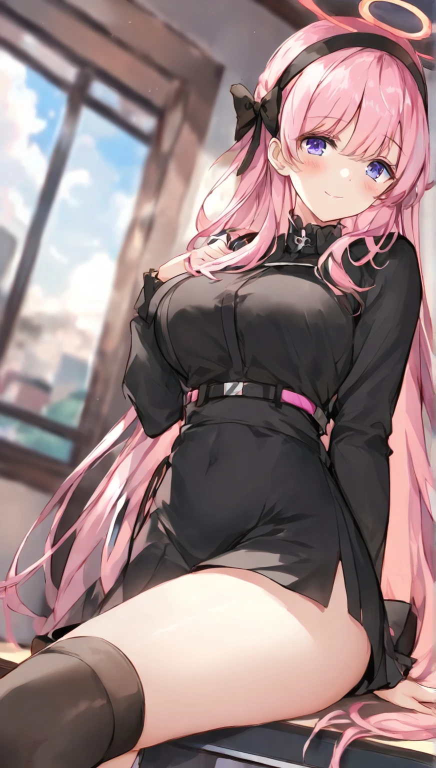 A pink haired woman with violet yes with an hour glass figure in a sexy sweatshirt dress is blushing on a balcony