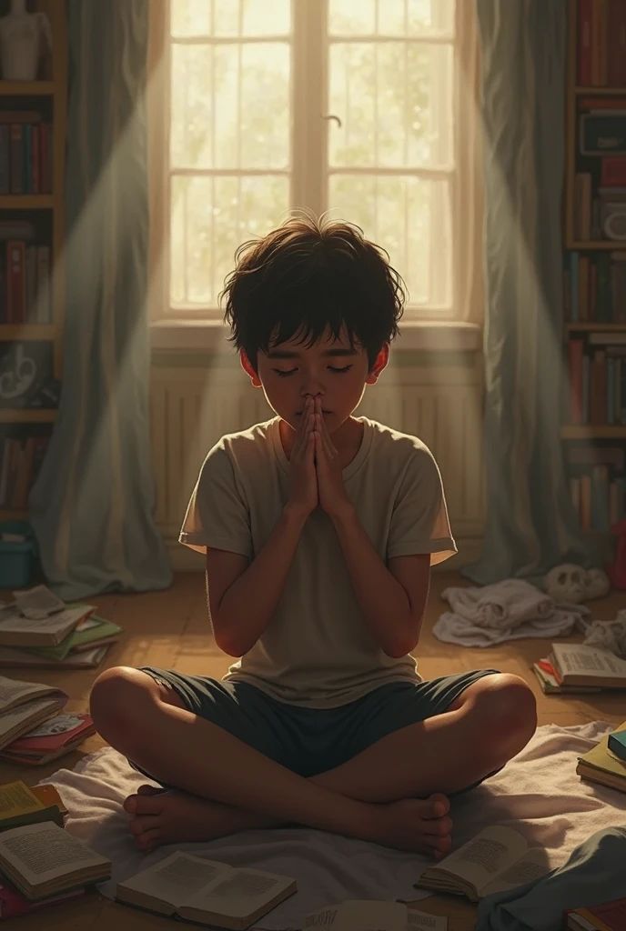 guttonerdvision3, Create an illustration that portrays a 3-year-old boy wearing glasses, with a detailed face and skin. He is dressed in a child's pajamas and is shown kneeling on the floor beside his bed. His elbows are resting on the mattress, and his hands are clasped together in a prayer position. His eyes are closed, indicating that he is deep in prayer.

From above, a bright celestial light shines down on the boy, creating a heavenly and ethereal atmosphere. The light illuminates his face, emphasizing the tranquility and serenity of his prayerful state. Use subtle shading and highlights to enhance the luminosity of the celestial light, giving it a radiant and otherworldly quality.

Pay close attention to the intricate details of the boy's face, capturing the expression of peace and devotion. Show the subtle contours of his skin, the reflection of the light in his glasses, and the texture of his pajamas. Use Alex Ross's signature style to bring realism and depth to the illustration.

Surround the boy with elements that reinforce the celestial atmosphere. You can include soft clouds or heavenly rays in the background to further enhance the sense of divine presence. Keep the color palette light and ethereal, with gentle shades of white, gold, and pastel tones.

Incorporate Alex Ross's artistic approach by paying attention to realistic rendering, meticulous attention to detail, and capturing the emotional depth of the scene. The final illustration should evoke a sense of reverence and spirituality, with the boy's prayer being answered by the celestial light shining upon him.

Please note that as an AI text-based model, I can't generate visual illustrations directly. However, I have provided a detailed description that can serve as a guide for an artist to create the desired illustration in Alex Ross's style.