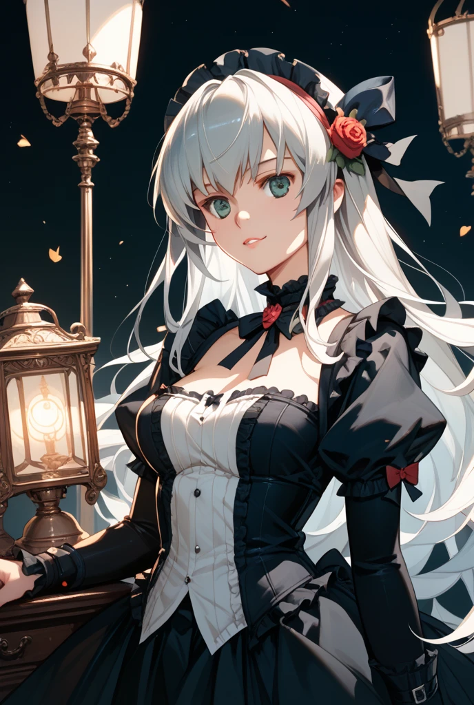 (8k, best quality, master piece: 1.2),super high resolution,1 girl, solo, colorshift eyes, hyperdetailed, expressive eyes, ultra-detailed face,　Renaissance fair costume, Velvet, lace, Purple, gold, Feathered hat, gloves, silver gray hair, Rose garden, Red, green, pink, Bright, romantic, Ecstatic expression, Collarbone, cleavage, cowboy shot