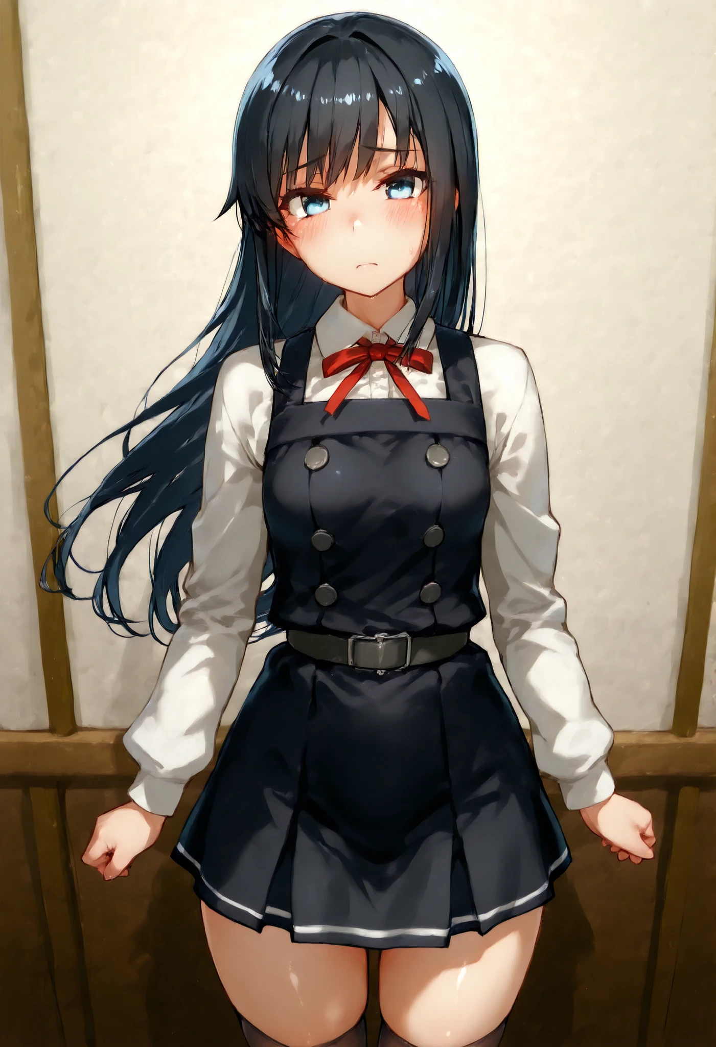 Asashio (KANCOLLE),asashioKC,black hair,blue eyes, long hair, shirt, long sleeves, dress, bow, ribbon, white shirt, cowboy shot, belt, bowtie, black dress, red bow, red ribbon, neck ribbon, red bowtie, pinafore dress,black thighhighs,pleated_skirt,,
スコア_9, スコア_8_Excellent, スコア_7_Excellent, ソース_أنيمي, break 1人の少女 , أنيمي style,
細身の体, 赤面, 厭らしい笑顔, つやつやの肌,
全身, 視聴者を見る, 一人で, , 子供部屋背景 ,