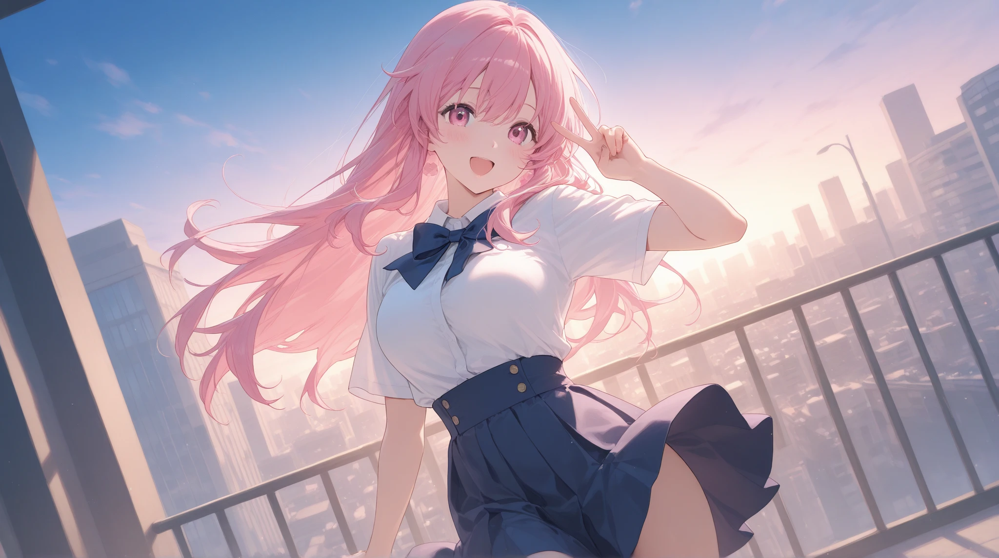 (extremely detailed CG unity 8k wallpaper), (masterpiece), (best quality), (ultra-detailed), (best illustration), (best shadow), (absurdres), ((female body)), 1girl, solo,Akari, 1girl, pink hair, hair ornament, blue eyes, solo, , cowboy shot, mini skirt left, pussy showing , happy ,blush,no top wear,
