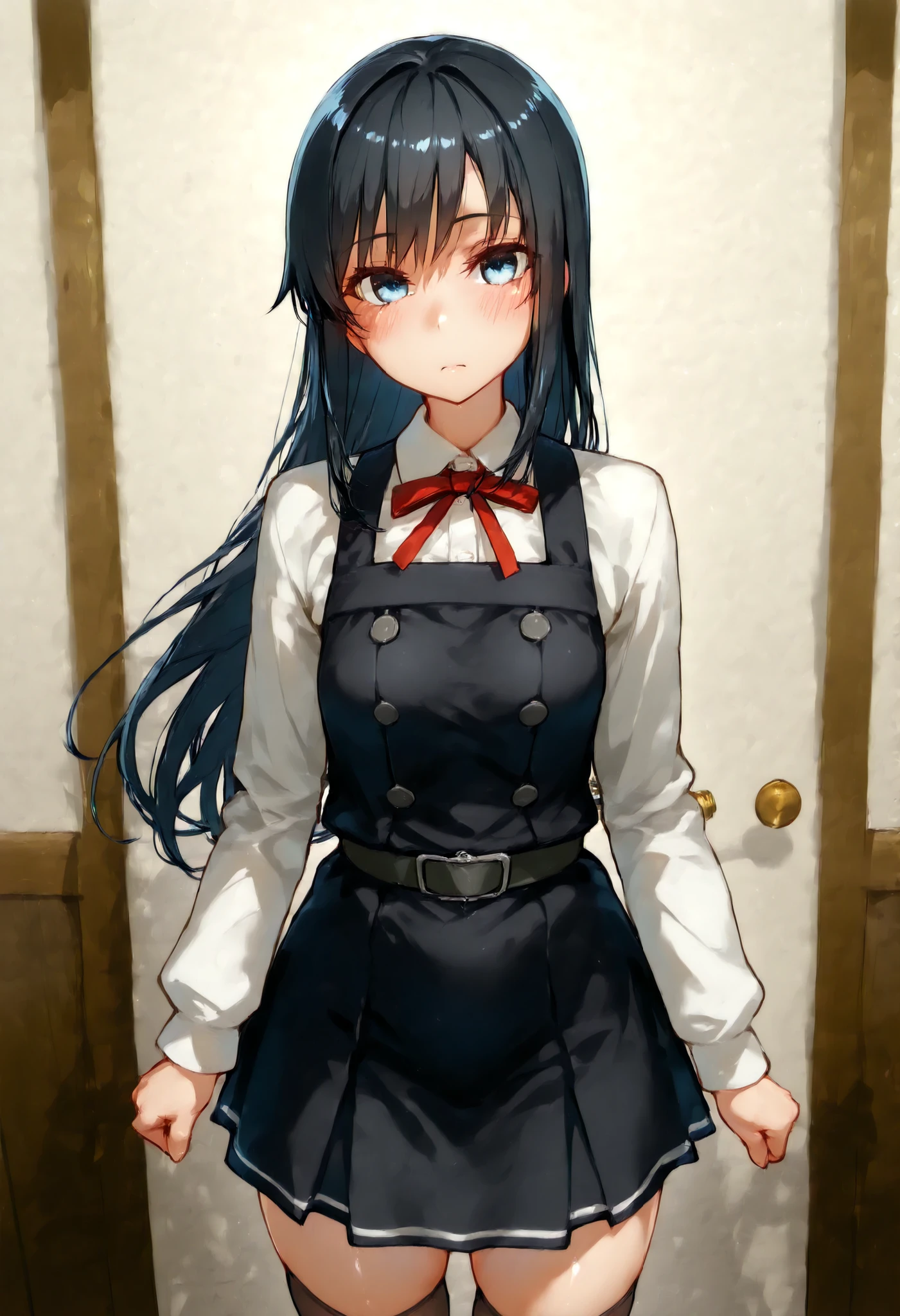 Asashio (KANCOLLE),asashioKC,black hair,blue eyes, long hair, shirt, long sleeves, dress, bow, ribbon, white shirt, cowboy shot, belt, bowtie, black dress, red bow, red ribbon, neck ribbon, red bowtie, pinafore dress,black thighhighs,pleated_skirt,,
スコア_9, スコア_8_Excellent, スコア_7_Excellent, ソース_أنيمي, break 1人の少女 , أنيمي style,
細身の体, 赤面, 厭らしい笑顔, つやつやの肌,
全身, 視聴者を見る, 一人で, , 子供部屋背景 ,