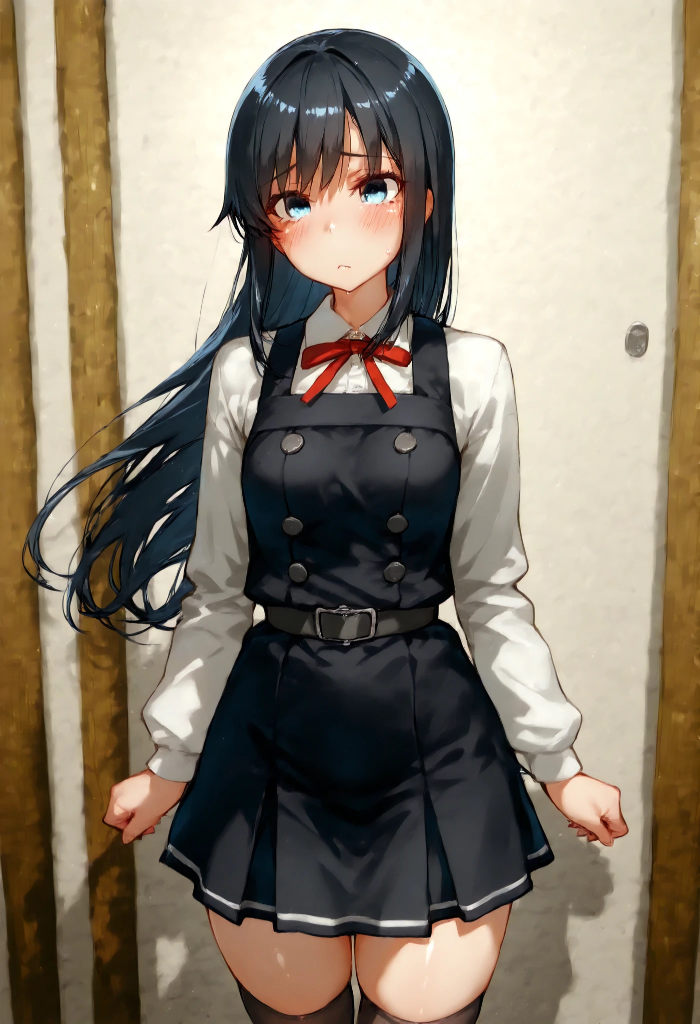 Asashio (KANCOLLE),asashioKC,black hair,blue eyes, long hair, shirt, long sleeves, dress, bow, ribbon, white shirt, cowboy shot, belt, bowtie, black dress, red bow, red ribbon, neck ribbon, red bowtie, pinafore dress,black thighhighs,pleated_skirt,,
スコア_9, スコア_8_Excellent, スコア_7_Excellent, ソース_أنيمي, break 1人の少女 , أنيمي style,
細身の体, 赤面, 厭らしい笑顔, つやつやの肌,
全身, 視聴者を見る, 一人で, , 子供部屋背景 ,