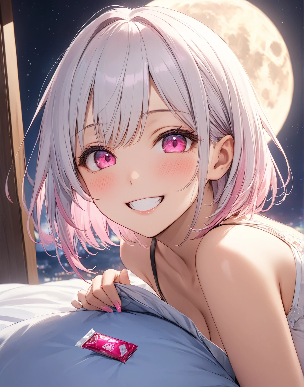 (masterpiece),(Top image quality),hight resolution,(Dainty and cute),(ighly detailed), 1girl, 独奏,illustratio,Fantasia,short,white hair,perm,s Pajamas,Pink eyes,Smaller chest,a smile,Background through,on the beds