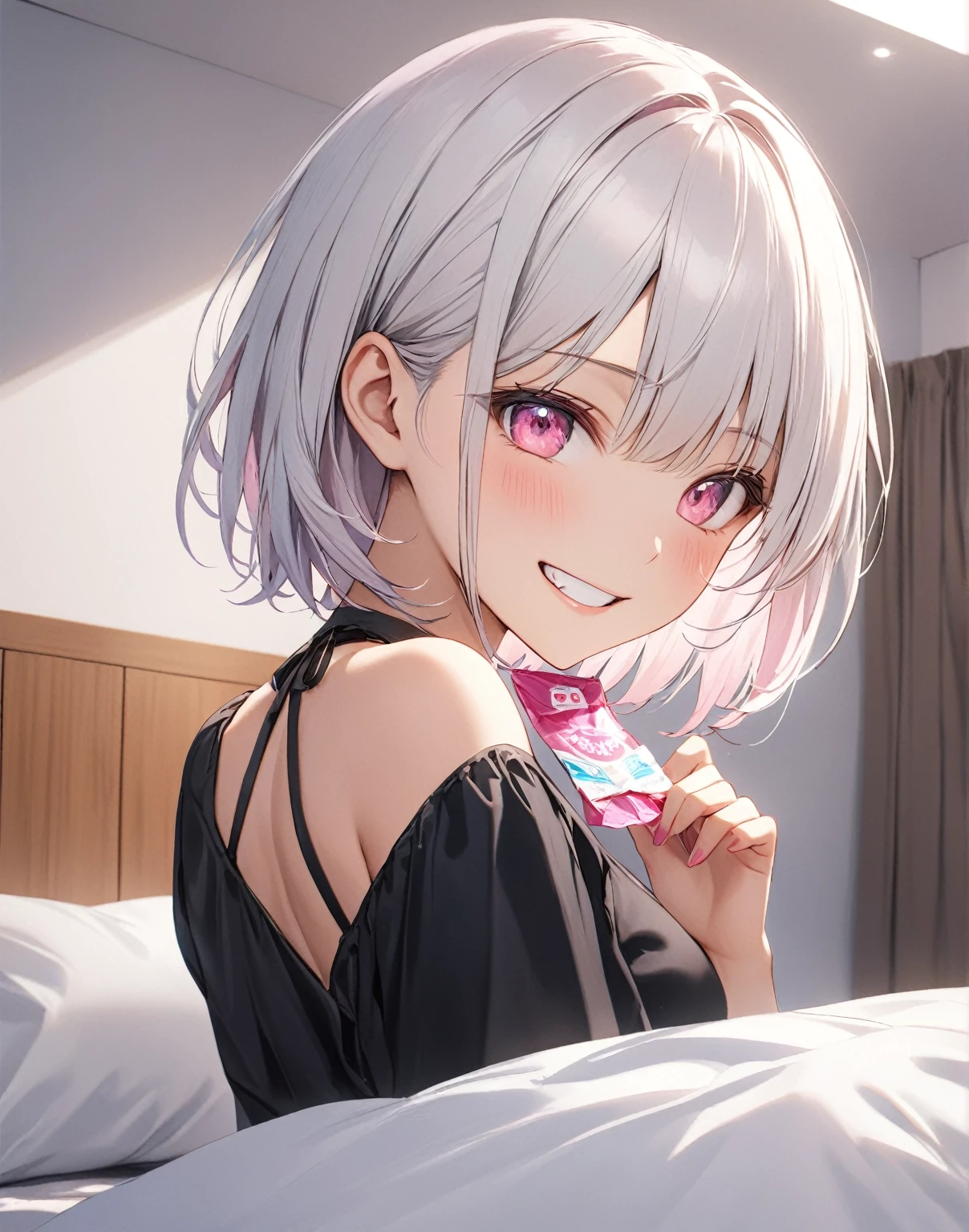 White Hair、Pink Eyes、Short Hair、laughing、Only one girl、alone、Cute、Face is close、Night、laughing、At the bed、Blushing、??????、Stick your tongue out、Sweating