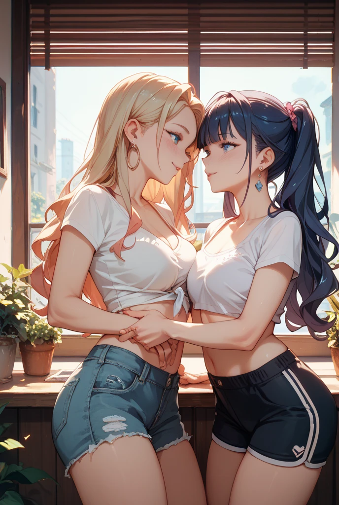 best quality, (masterpiece),(ultra-detailed), (high quality), (high resolution), (2heads:1.5) beautiful girl ((kissing:1.5), ((black hair)), ((blonde hair)), ponytails, (heads kissing:1.5), (kiss:1.5), (kissing on lips:1.5), mature woman, handsome, smile, (teal eyes, tall, white crop top, tight jeans, high heels, cowboy shot, party, night, beautiful background, (upper body), sexy proportions