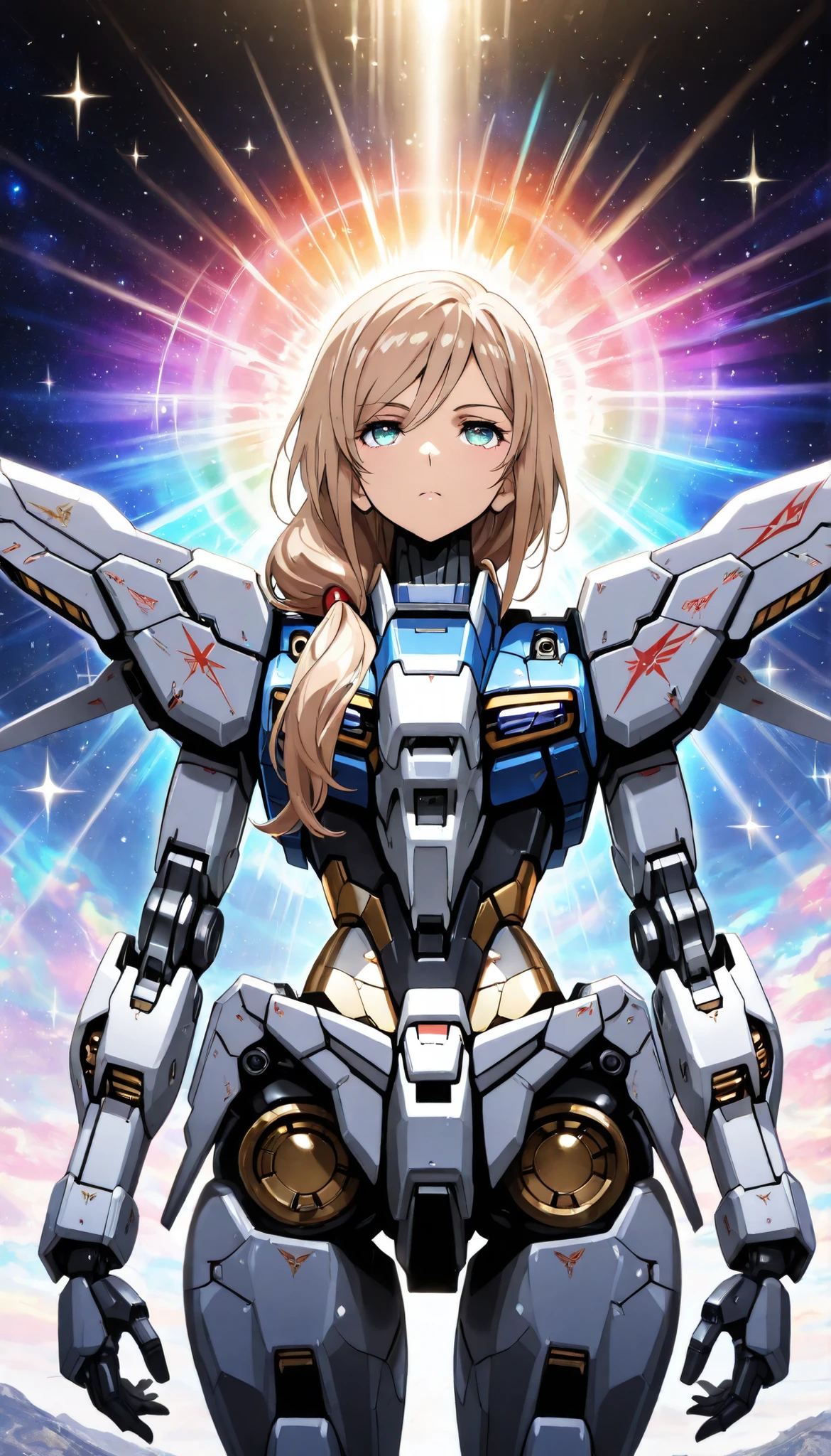 ((masterpiece)), ((best quality)), perfect detailed eyes, perfect detailed face, light brown hair, hair over shoulder, anime style, Surrealism, sparkle, cinematic lighting, A beautiful woman with a Gundam-style mechanical body, Mechanical limbs, sci-fi anime, Robot Woman, Colorful rays on background, Composition (cowboy shot)